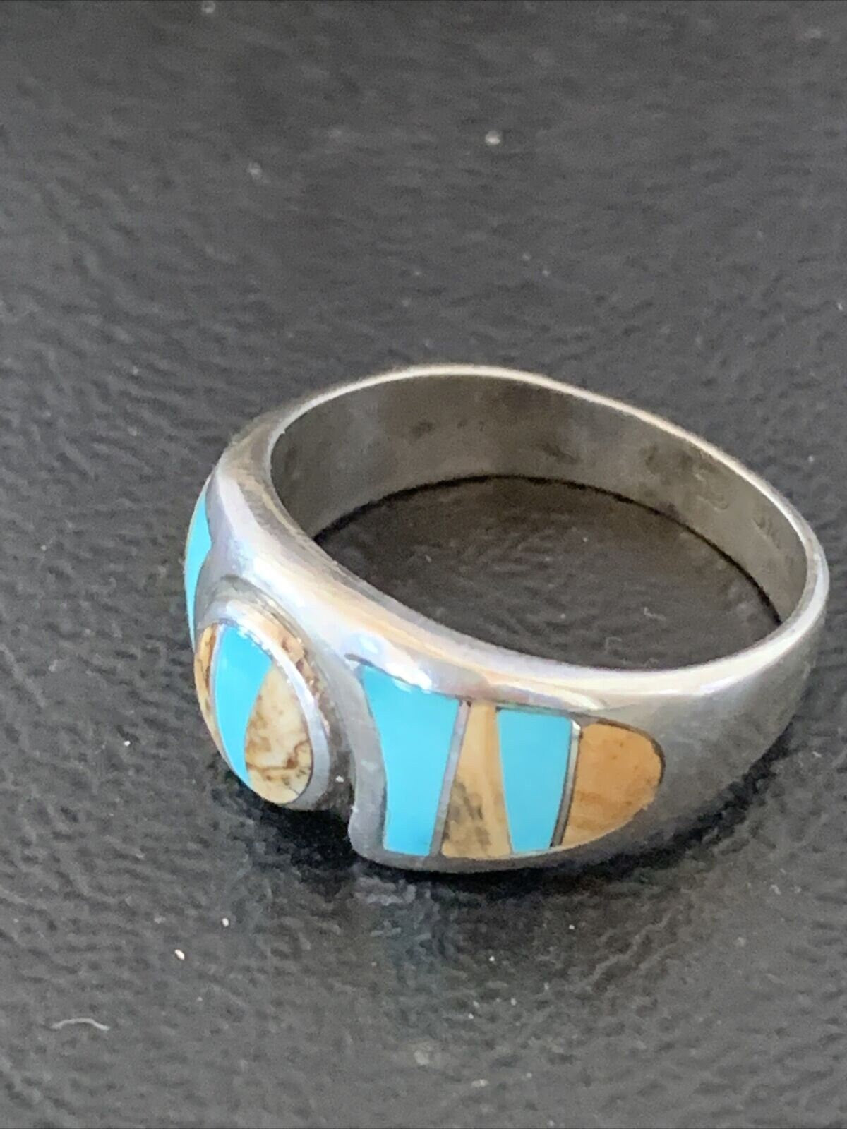 Navajo Coffee Picture Jasper Turquoise Inlay Ring | Sterling Silver | Sz 8.5 | 10982