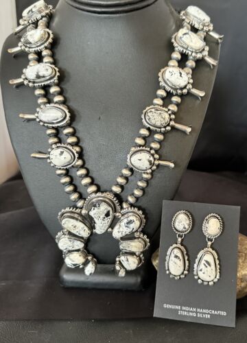 Navajo White Buffalo Turquoise Pendant | Sterling Silver Naja Squash Blossom Necklace | 17442