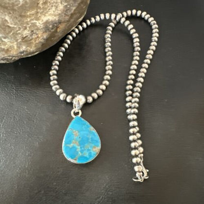 Navajo Blue Kingman Turquoise Pendant Necklace | Sterling Silver | 20" | Authentic Native American Handmade | 17012