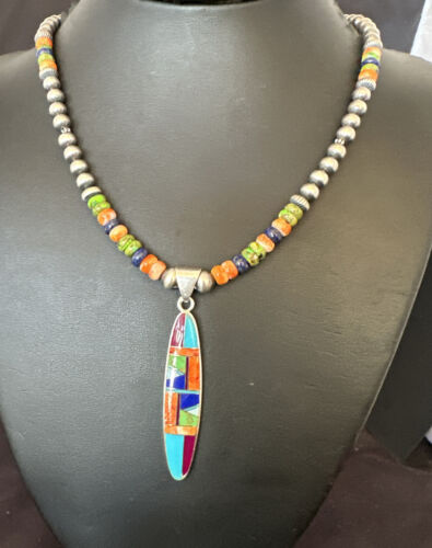Navajo Lapis Spiny Oyster Turquoise Inlay Pendant Necklace | Sterling Silver | 21" | Authentic Native American Handmade | 16626