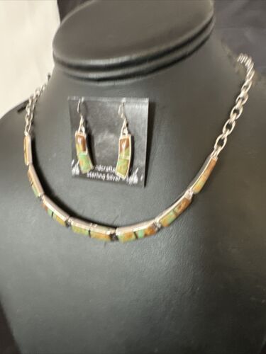 Navajo Choker Necklace with Blue #8 Turquoise Inlay | Sterling Silver Earrings Set | Authentic Native American Handmade | 16266