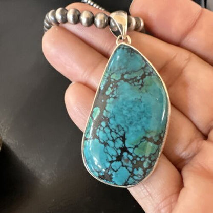 Men's Navajo Blue Spiderweb Turquoise Pendant Necklace | Sterling Silver | Authentic Native American Handmade | 16219