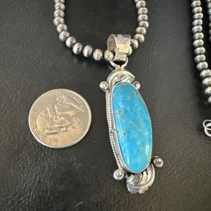 Navajo Kingman Turquoise Pendant Necklace | Sterling Silver Pearls | Authentic Native American Handmade | 15212 - Masha USA