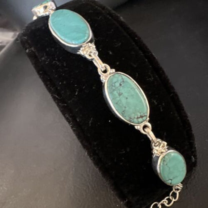 Navajo Blue Turquoise Link Bracelet | Sterling Silver | 8" | Authentic Native American Handmade | 15469