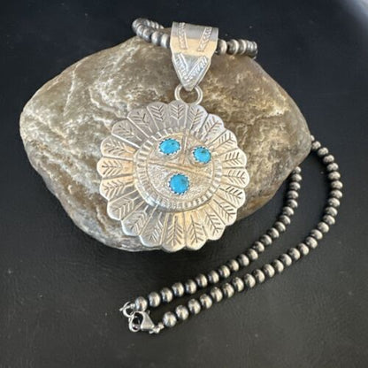 Navajo Sunface Blue Kingman Turquoise Pendant | Sterling Silver | 2.75" | Authentic Native American Handmade | 15209