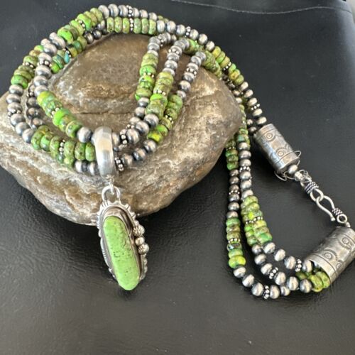 Navajo Pearl Green Gaspeite Turquoise Pendant Necklace Set | Sterling Silver | 3-Strand | 16094