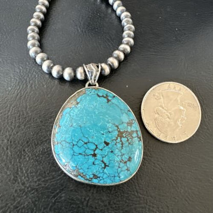 Men's Navajo Blue Spiderweb Turquoise Pendant Necklace | Sterling Silver | Authentic Native American Handmade | 16228