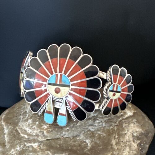 Zuni Blue Turquoise Coral Sunface Cuff Bracelet | Sterling Silver Inlay | Authentic Native American Handmade | 15059