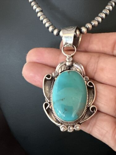 Navajo Pearls Blue Turquoise Necklace Pendant | Sterling Silver | Authentic Native American Handmade | 14878
