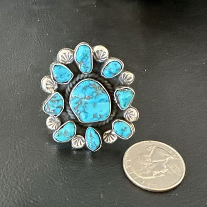 Navajo Kingman Turquoise Cluster Ring | Authentic Native American Sterling Silver | Multi-Stone | Sz 9.5 | 17422