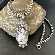Navajo White Buffalo Turquoise Pendant Necklace | Sterling Silver | Authentic Native American Handmade | 17514