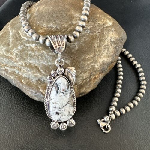 Navajo White Buffalo Turquoise Pendant Necklace | Sterling Silver | Authentic Native American Handmade | 17514