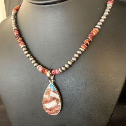 Navajo Pearls Turquoise & Spiny Oyster Pendant Necklace | Sterling Silver | 20" | Authentic Native American Handmade | 13872