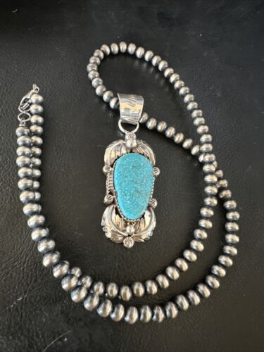 Navajo Kingman Turquoise Pendant Necklace | Sterling Silver Pearls | Authentic Native American Handmade | 15217