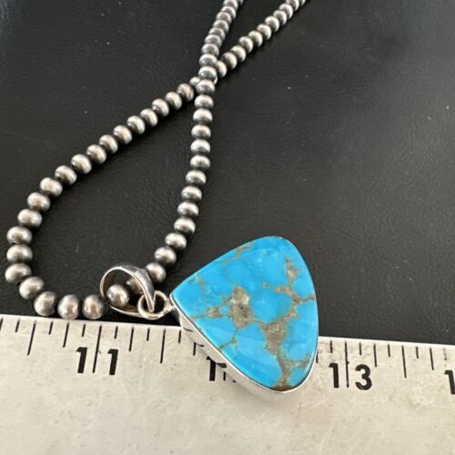 Navajo Blue Kingman Turquoise Pendant Necklace | Sterling Silver | 20" | Authentic Native American Handmade | 17002