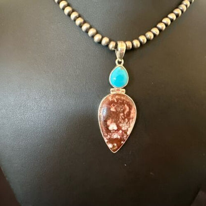 Navajo Wild Horse | Blue Kingman Turquoise Necklace | Sterling Silver | Authentic Native American Handmade | 17311