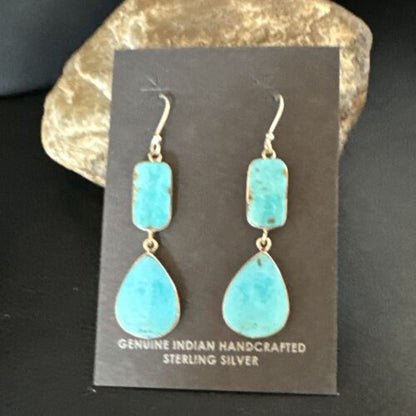 Navajo Blue Kingman Turquoise Dangle Earrings | Sterling Silver | Authentic Native American Handmade | 15123