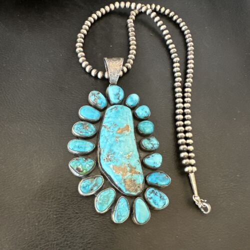 Navajo Blue Kingman Turquoise Cluster Pendant Necklace | Sterling Silver | Authentic Native American Handmade | 16794