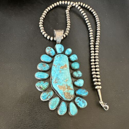 Navajo Blue Kingman Turquoise Cluster Pendant Necklace | Sterling Silver | Authentic Native American Handmade | 16794