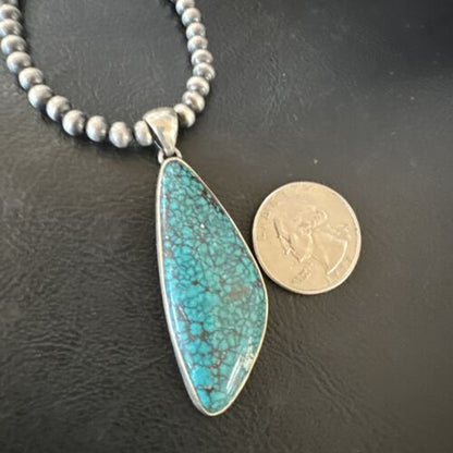 Men's Navajo Blue Spiderweb Turquoise Pendant Necklace | Sterling Silver | Authentic Native American Handmade | 16221