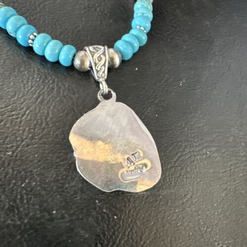 Navajo Blue Turquoise Pendant with Pearls | Sterling Silver Necklace | Authentic Native American Handmade | 15418