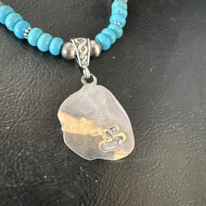 Navajo Blue Turquoise Pendant with Pearls | Sterling Silver Necklace | Authentic Native American Handmade | 15418