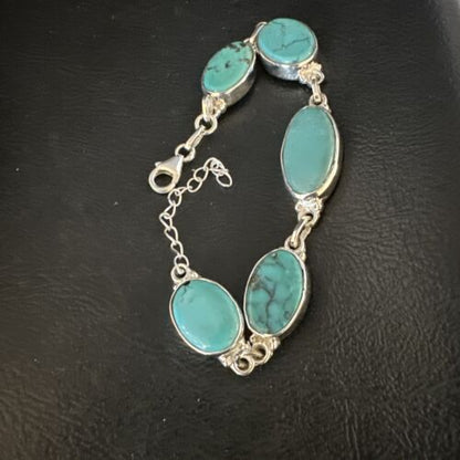 Navajo Blue Turquoise Link Bracelet | Sterling Silver | 8" | Authentic Native American Handmade | 15471