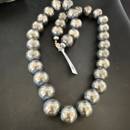 Navajo Pearls Necklace | XL Round 18mm Sterling Silver | 24" Single Strand | Authentic Native American Handmade | 17159