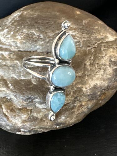 Navajo Women's Cluster Blue Larimar Multi-Stone Ring | Authentic Native American Sterling Silver | Sz 8.5 | 16164