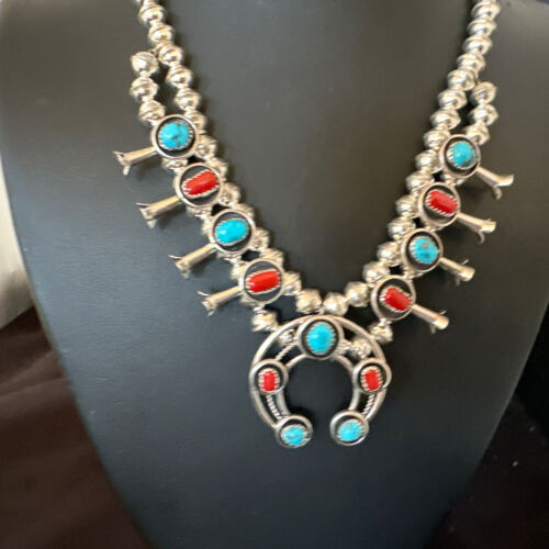 Navajo Shadowbox Coral Kingman Turquoise Squash Blossom Necklace | Sterling Silver | 17" | 16112