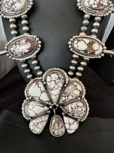 Navajo Wild Horse Turquoise Squash Blossom Necklace | Sterling Silver | 36" | Authentic Native American Handmade | 16756