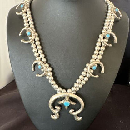 Navajo Blue Turquoise Naja Pendant Squash Blossom Necklace | Sterling Silver | Authentic Native American Handmade | 16172