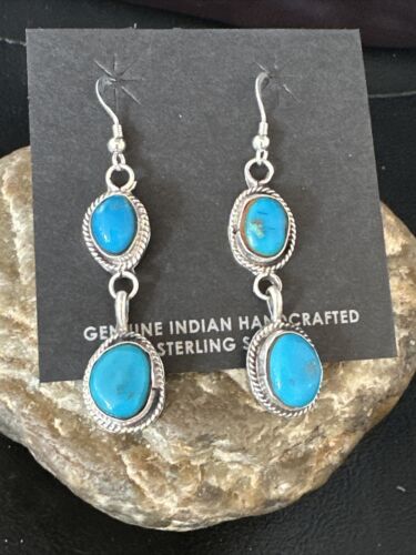 Kingman Turquoise Dangle Earrings | Navajo Handmade | Sterling Silver | Authentic Native American | 14864