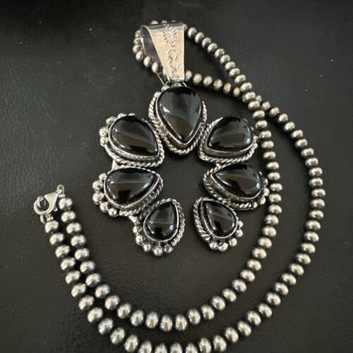 Navajo Men's Black Onyx Naja Pendant Necklace | Sterling Silver Pearls | Authentic Native American Handmade | 16808