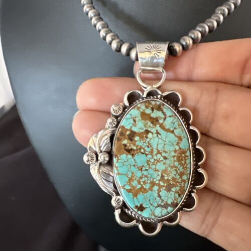 Navajo Blue #8 Turquoise Pendant Necklace | Sterling Silver Pearls | Authentic Native American Handmade | 15508