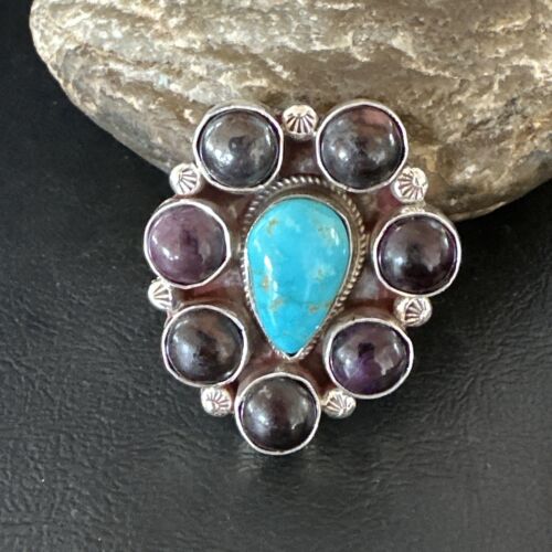 Navajo Cluster Blue Kingman Turquoise Sugilite Ring | Authentic Native American Sterling Silver | Multi-Stone | Sz 7 | 16772