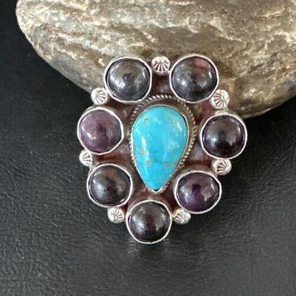 Navajo Cluster Blue Kingman Turquoise Sugilite Ring | Authentic Native American Sterling Silver | Multi-Stone | Sz 7 | 16772