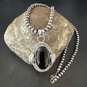 Navajo Pearls Black Onyx Necklace Pendant | Sterling Silver | Authentic Native American Handmade | 16533