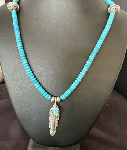 Men's Blue Turquoise Navajo Necklace | Sterling Silver Feather Opal Pendant | Native American Handmade | 17438