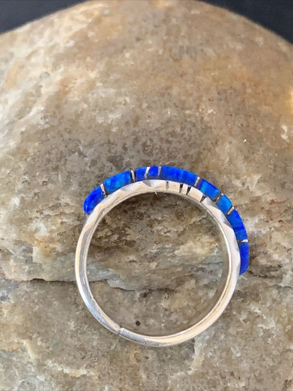 Native American Navajo Blue Opal Inlay Ring | Sterling Silver | Sz 7.5 | Handmade by Yazzie | 10621