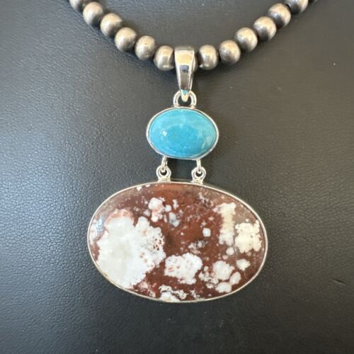 Navajo Wild Horse | Blue Kingman Turquoise Necklace | Sterling Silver | Authentic Native American Handmade | 17305