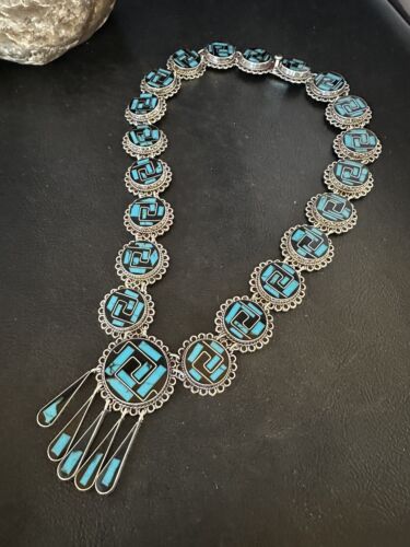 Navajo Sterling Silver Turquoise Onyx Choker Necklace | Inlay Pendant | 18" | 15535