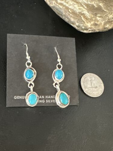 Kingman Turquoise Dangle Earrings | Navajo Handmade | Sterling Silver | Authentic Native American | 14868