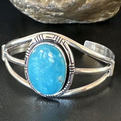 Women's Blue Kingman Turquoise Cuff Bracelet | Navajo Sterling Silver | Authentic Native American Jewelry | 16246
