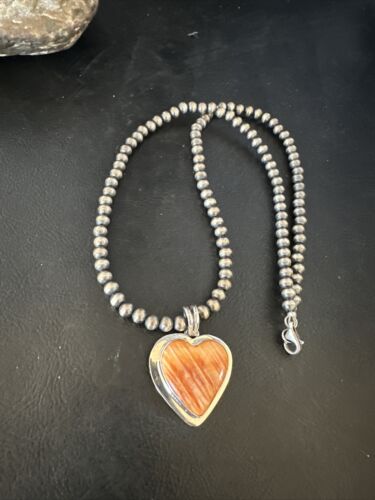 Navajo Orange Heart Spiny Oyster Pendant | Sterling Silver Necklace | Authentic Native American Handmade | 15006