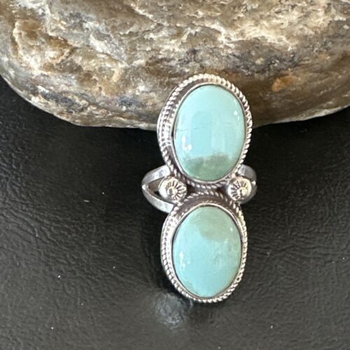 Navajo Blue Dry Creek Turquoise 2 Stone Ring | Authentic Native American Sterling Silver | Multi-Stone | Sz 9 | 16736