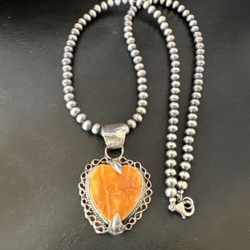 Navajo Orange Spiny Oyster Heart Pendant Necklace | Sterling Silver | Authentic Native American Handmade | 16295