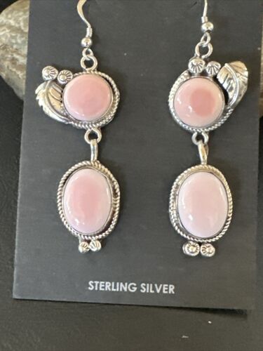 Navajo Pink Conch Shell Dangle Earrings | Sterling Silver | Authentic Native American Handmade | 17193