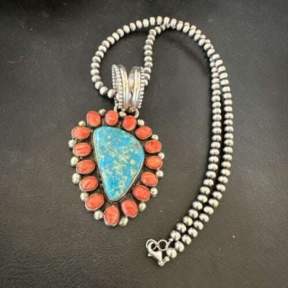 Navajo Turquoise Spiny Oyster Cluster Pendant Necklace | Sterling Silver | Native American Handmade | 17151 - Masha USA
