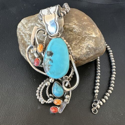 Navajo Kingman Turquoise | Spiny Oyster Necklace Pendant | Sterling Silver | Multi-Stone | 15950